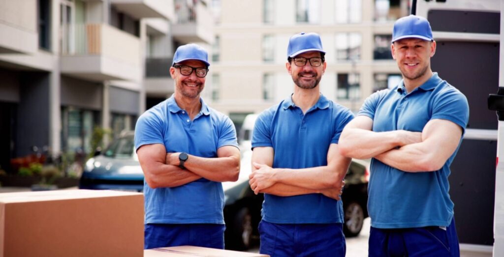 Diverse team of professional movers delivering boxes for relocation service