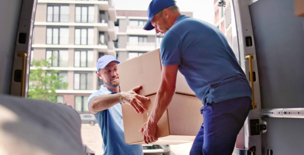 Happy movers loading truck with items from move